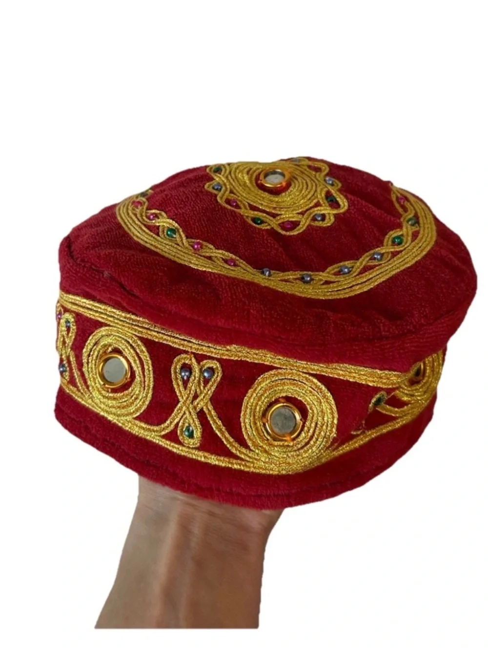 Vintage Turkish Velvet Fez Hat Gold Embroidered Jeweled Festival Cap - Picture 12 of 12